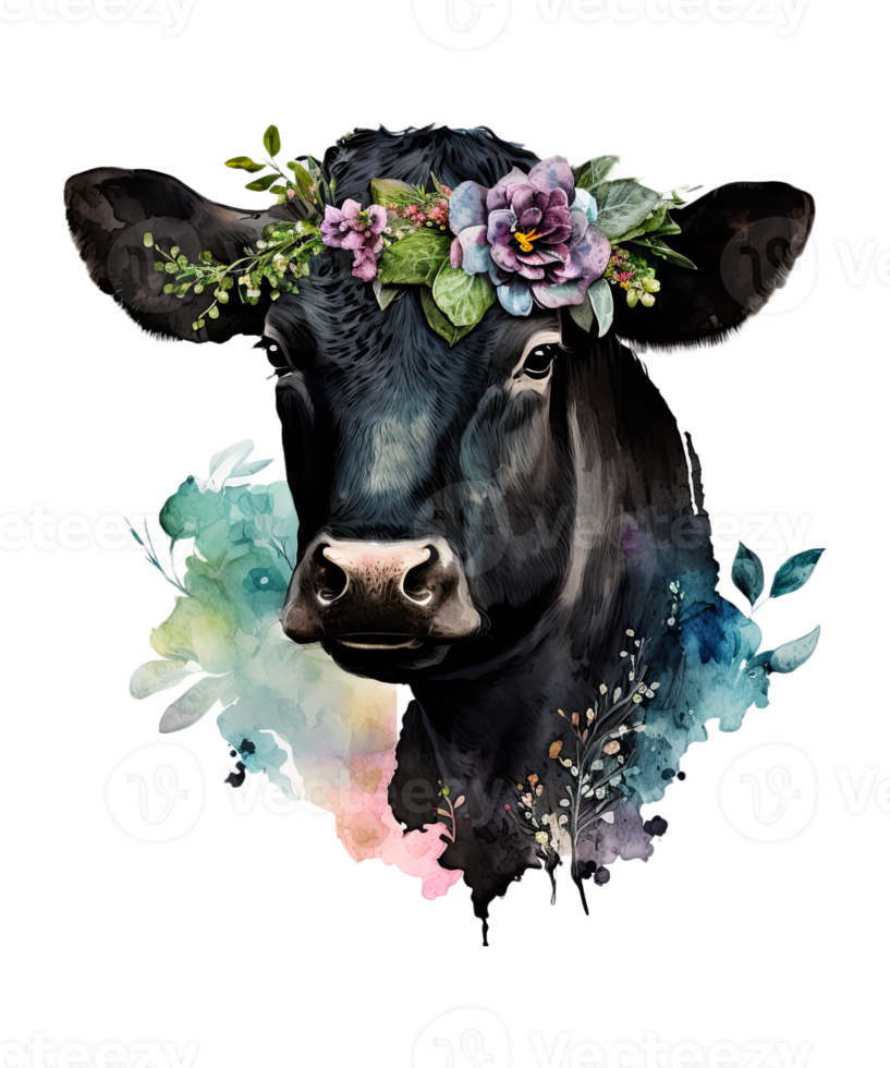 Watercolor cow and Flower on head png