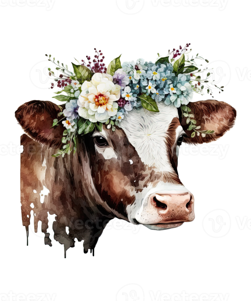 Watercolor cow and Flower on head png
