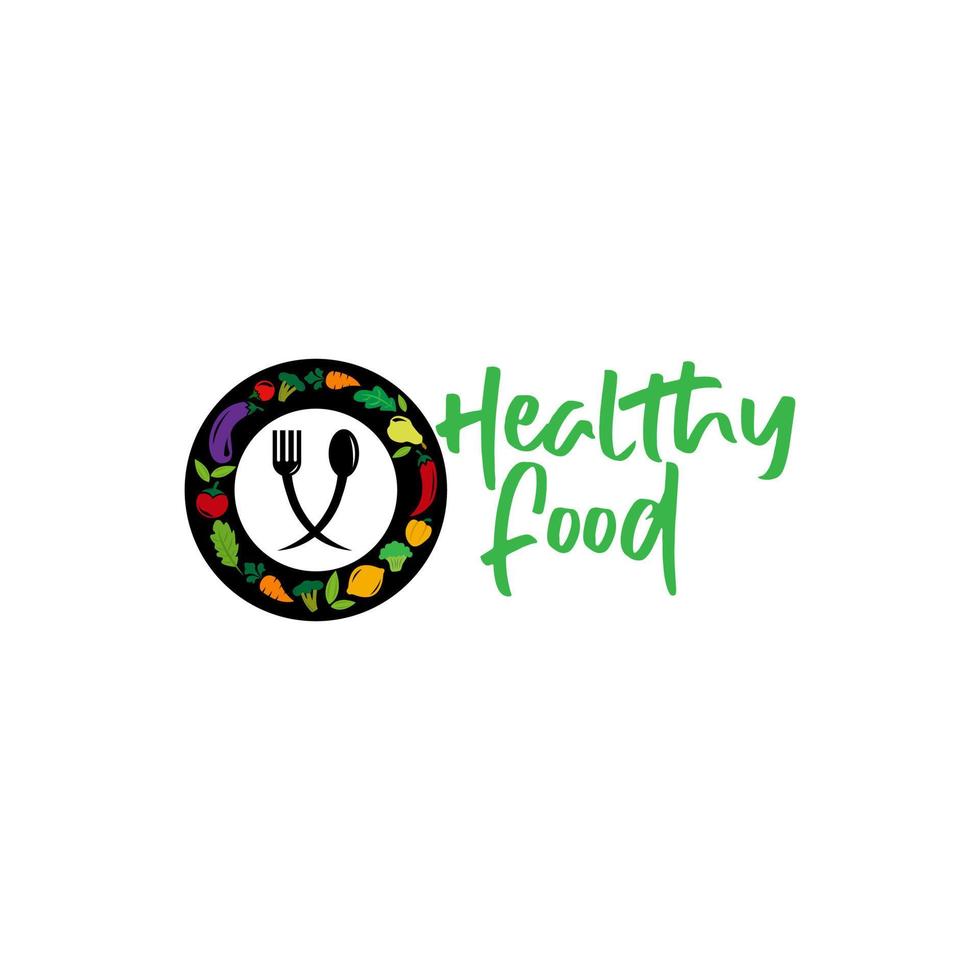 Healthy food logo template. Organic food vector design. Fork, spoon and leaves logotype