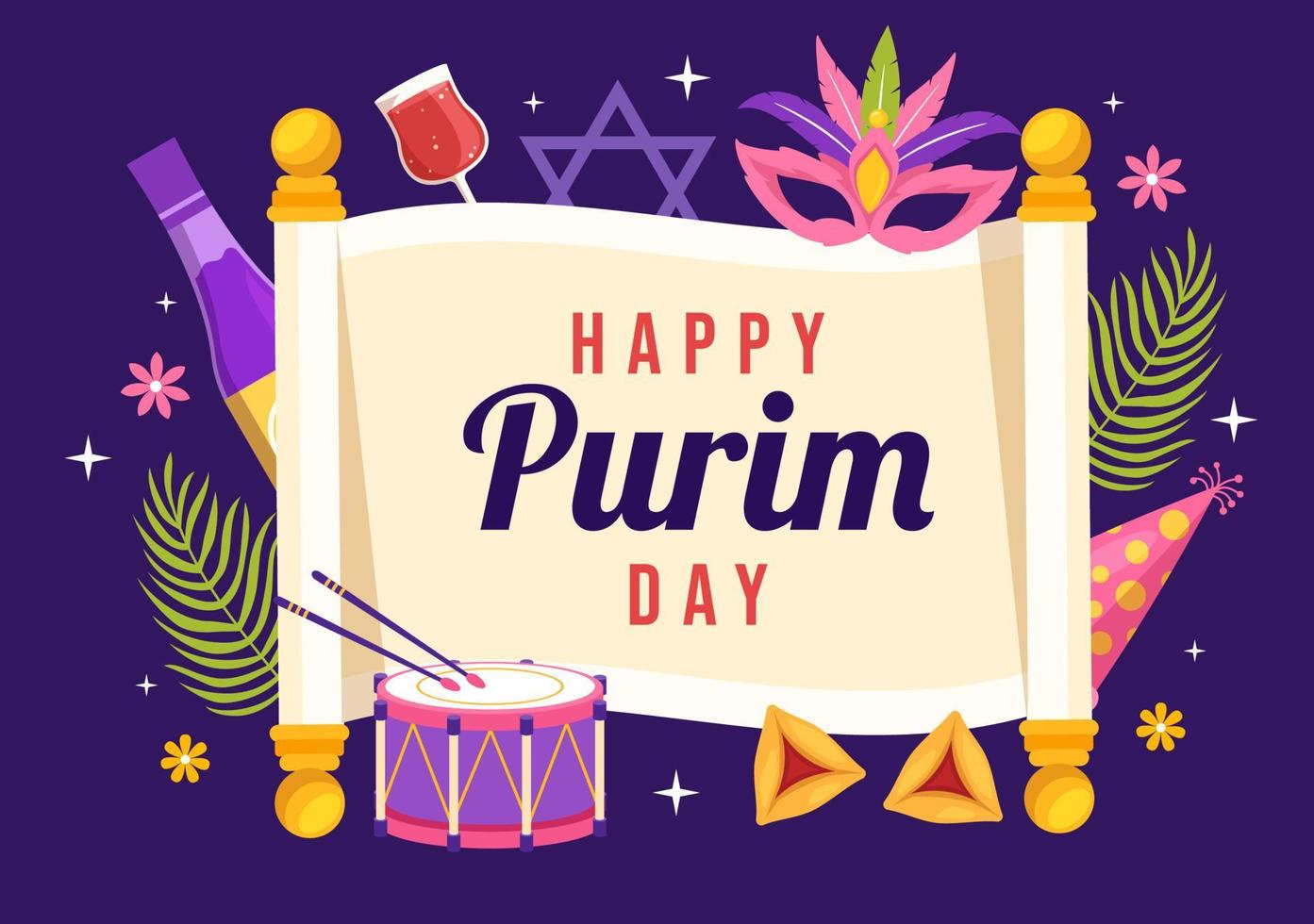 Happy Purim Illustration with Carnival Masks, Jewish Holiday and Funfair in Flat Cartoon Hand Drawn for Web Banner or Landing Page Templates vector