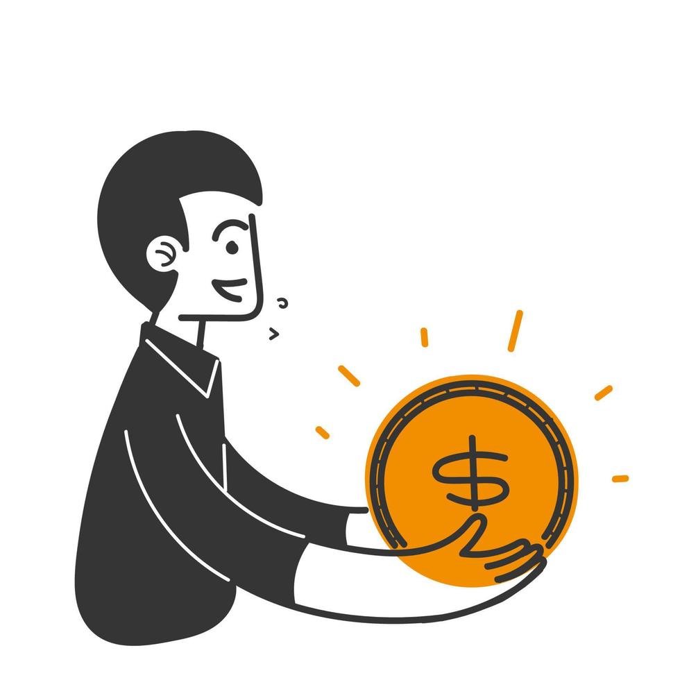 hand drawn doodle person holding a gold coin illustration vector