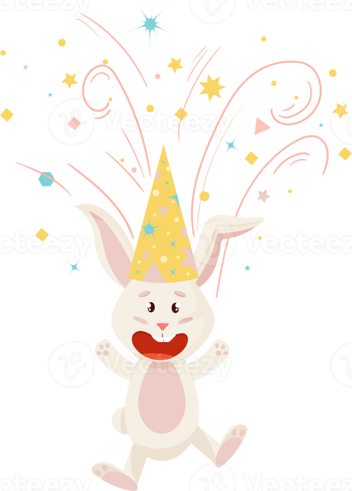 lapin personnage. sauter et en riant drôle, content anniversaire dessin animé lapin avec feu d'artifice. png