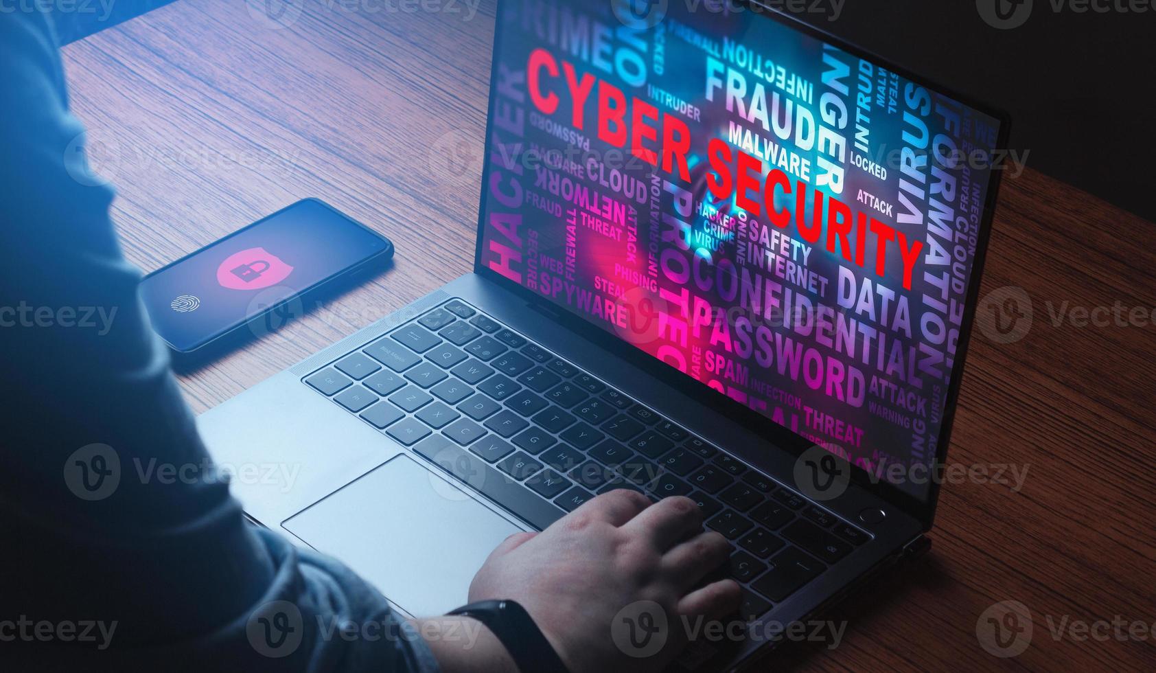 Woman using laptop with wall of words on screen about security technology. Cyber security concept. Future technology. Hacker detection. photo