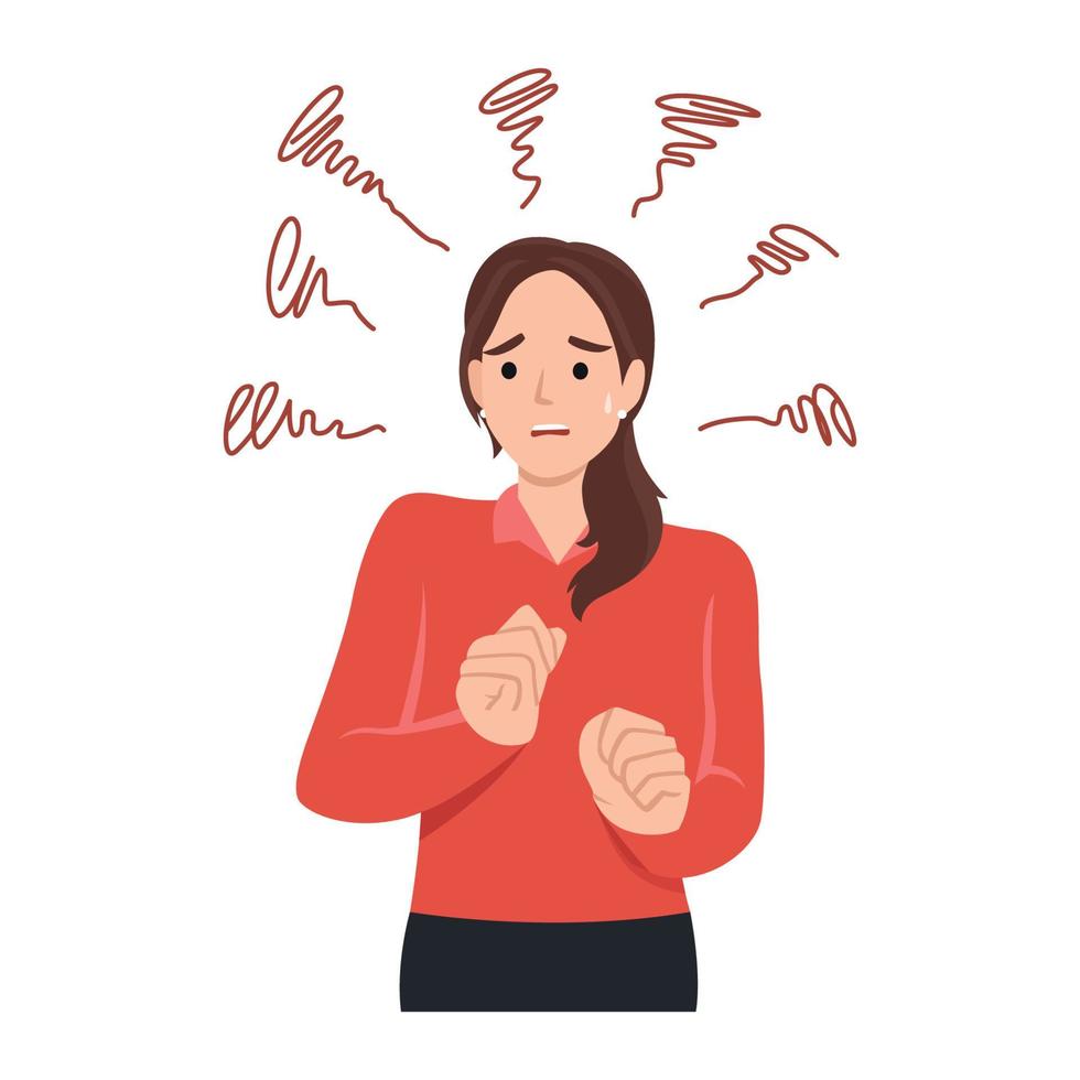 Young anxious worried woman girl teenager charater looking stressed and nervous. Flat vector illustration isolated on white background