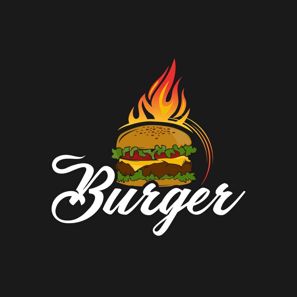 Burger logo design idea. Logo concept for fast food restaurant with grilled tasty burger and hot flames. Diner or snack bar barbecue symbol template. vector