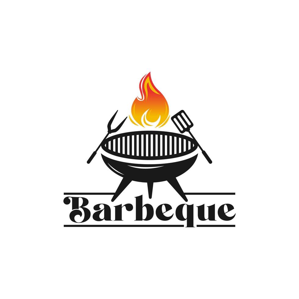 Barbeque restaurant - vintage logo concept. Logo of Barbecue, Grill and Bar with fire, grill fork and spatula. BBQ logo template. Grunge texture. Vector illustration