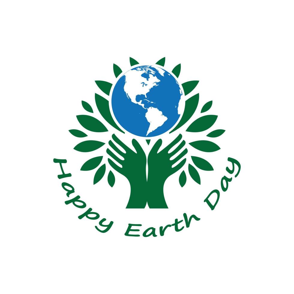 Happy earth day lettering poster on blurred background. Earth day logo for posters, banners, cards, postcards. Earth day concept with branches and leaves. EPS 10 vector