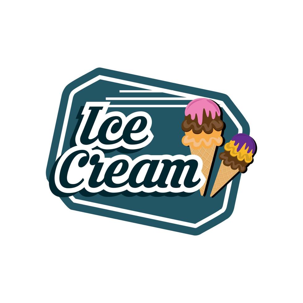 Ice cream shop logo label or emblem in caartoon style for your design on suburst background. Vector illustration.