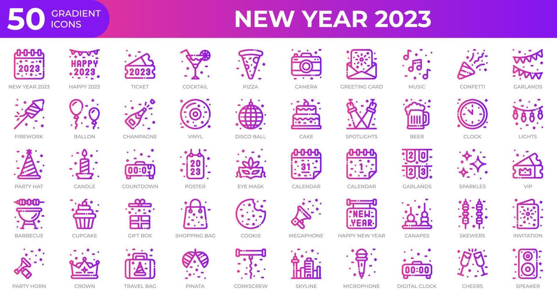 New year 2023 icons in gradient style. Calendar, Confetti, Pizza. Gradient icons collection. Holiday symbol. Vector illustration