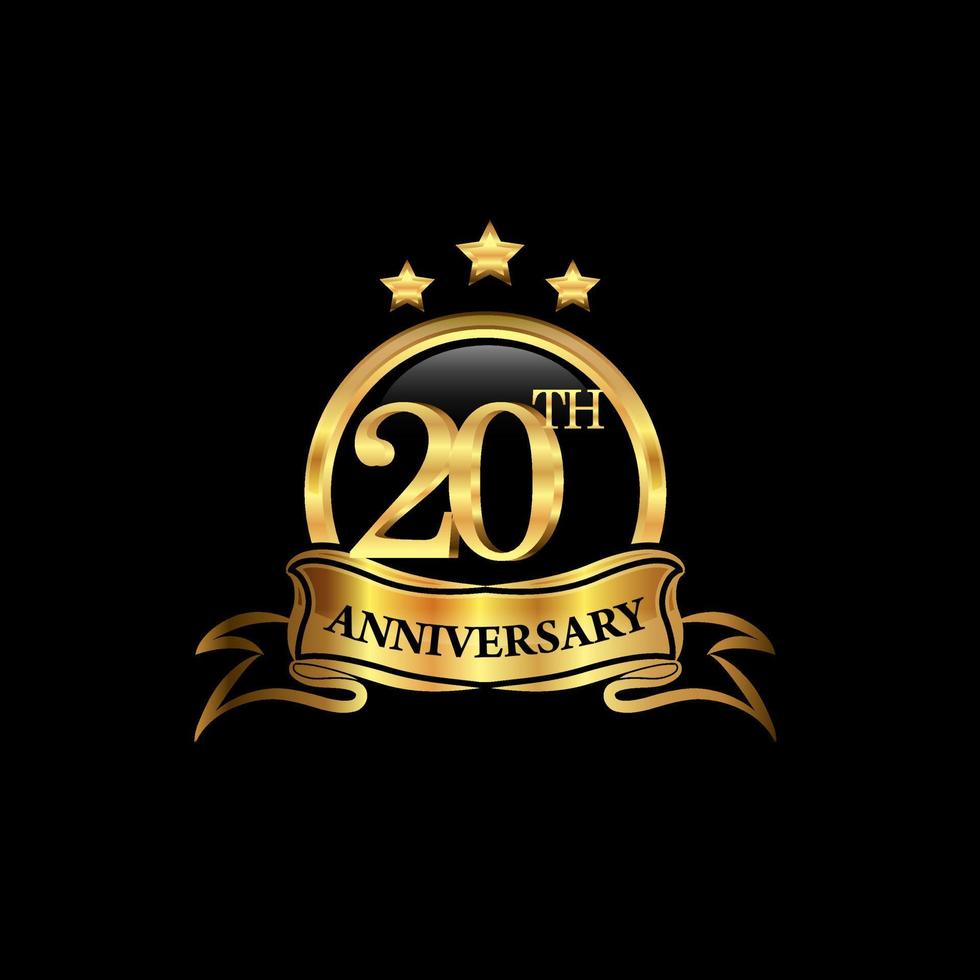 20 year anniversary celebration. Anniversary classic elegance golden color isolated on black background, vector design for celebration, invitation card, and greeting card