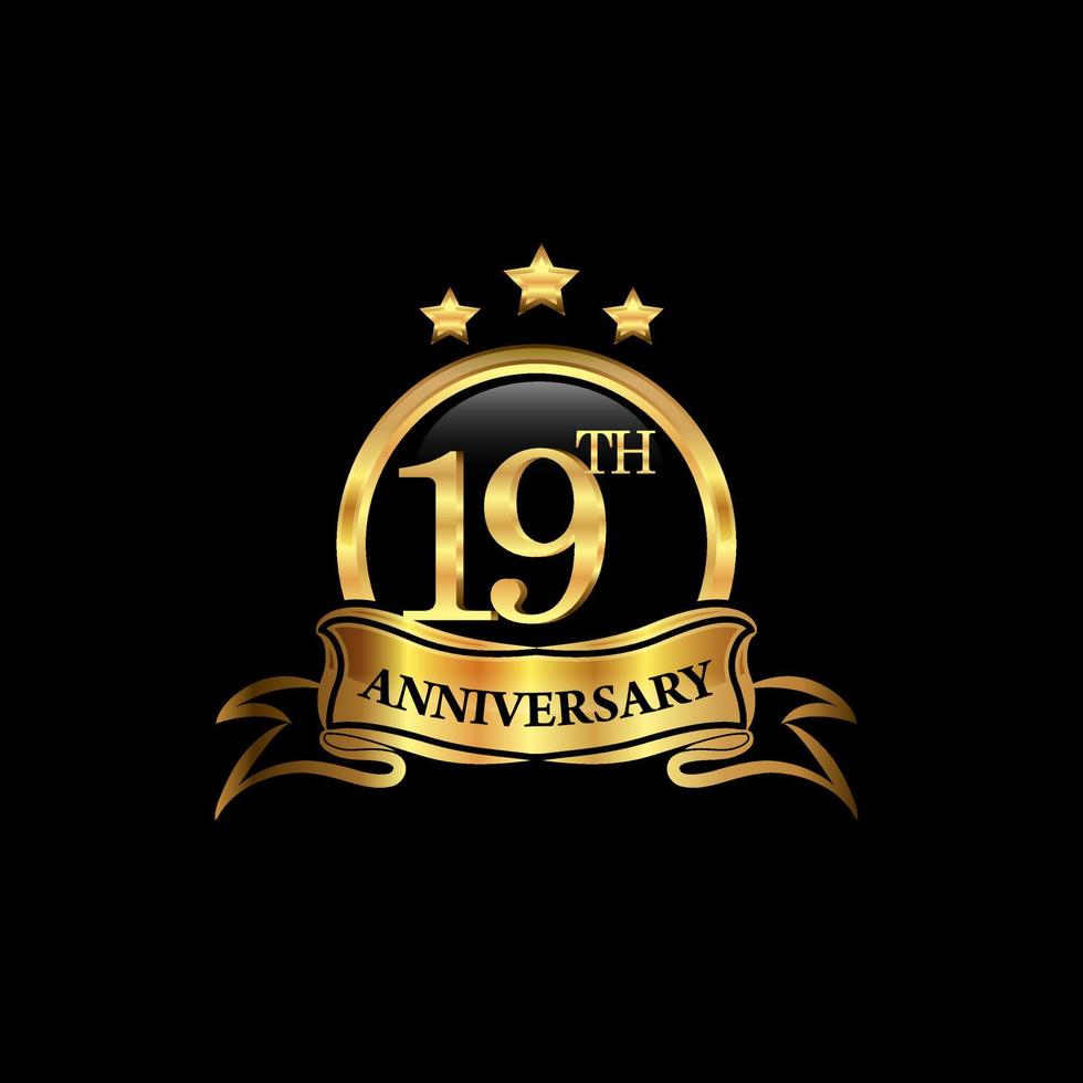 19 year anniversary celebration. Anniversary classic elegance golden color isolated on black background, vector design for celebration, invitation card, and greeting card