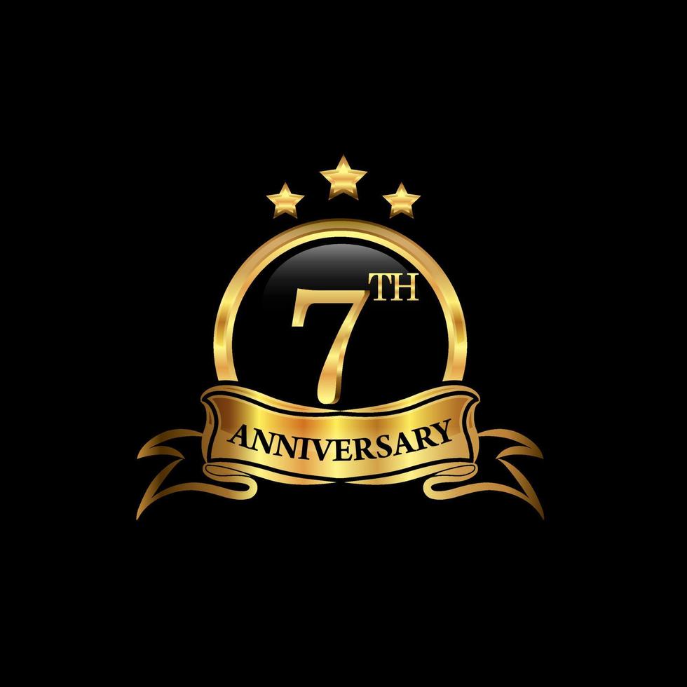 7 year anniversary celebration. Anniversary classic elegance golden color isolated on black background, vector design for celebration, invitation card, and greeting card