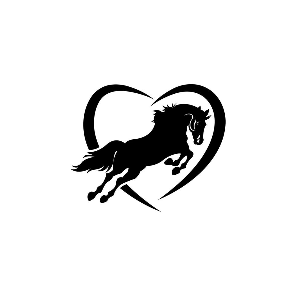 The silhouette of the heart in the form of a black horse. The concept of love for animals. Design suitable for logo, mascot, stencil, print on t-shirt or clothes. Isolated vector illustration