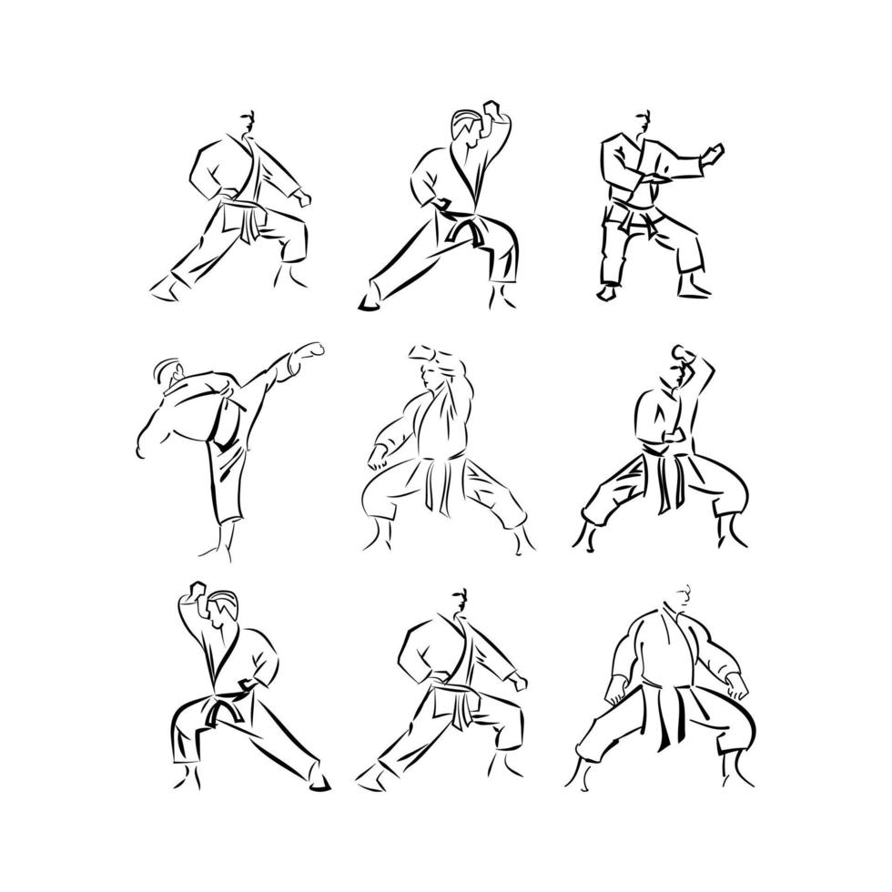 Set of hand drawn karate or martial arts logo, emblem, badge, label and design elements in retro style. Illustration vector