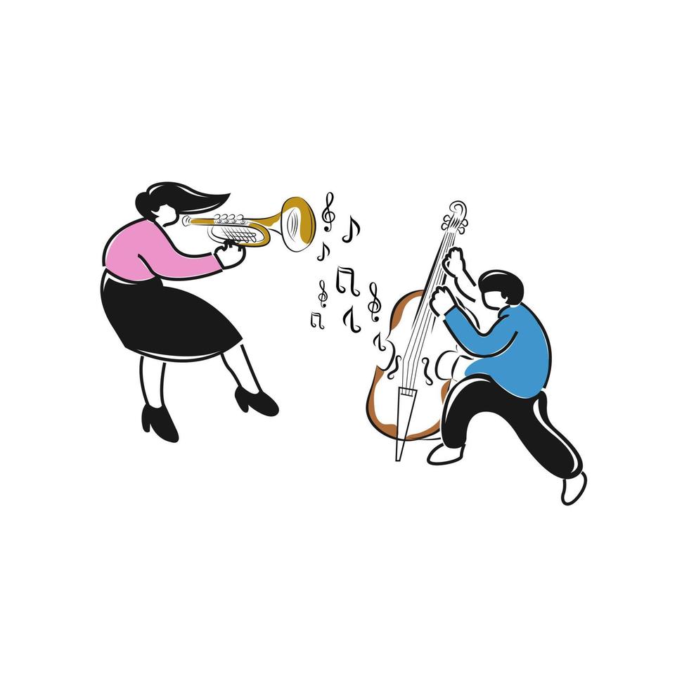 cute flat people illustration woman and man musician playing instrument musical, people musicians concert event design. vector