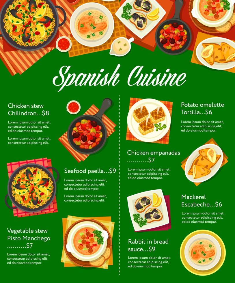 Español cocina alimento, almuerzo y cena platos menú vector