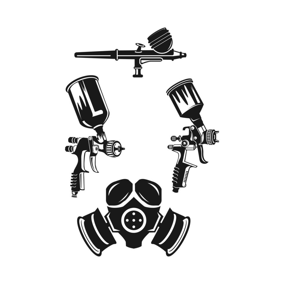 Monochrome illustration of metal spray gun and mask icon set. Isolated on white background.EPS 10 vector