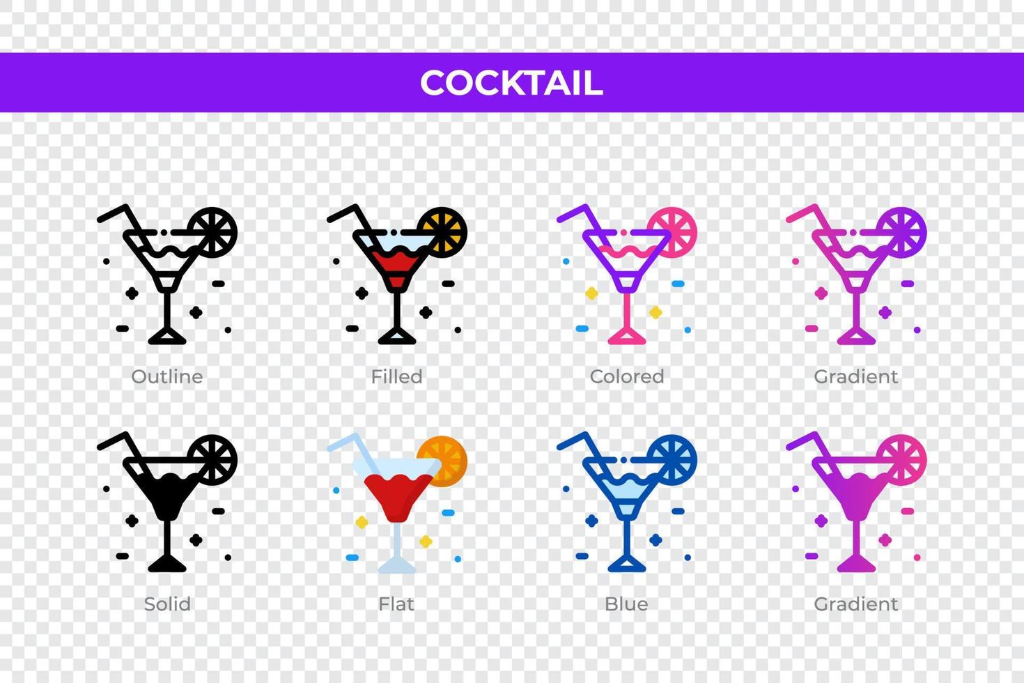 Cocktail icons in different style. Cocktail icons set. Holiday symbol. Different style icons set. Vector illustration