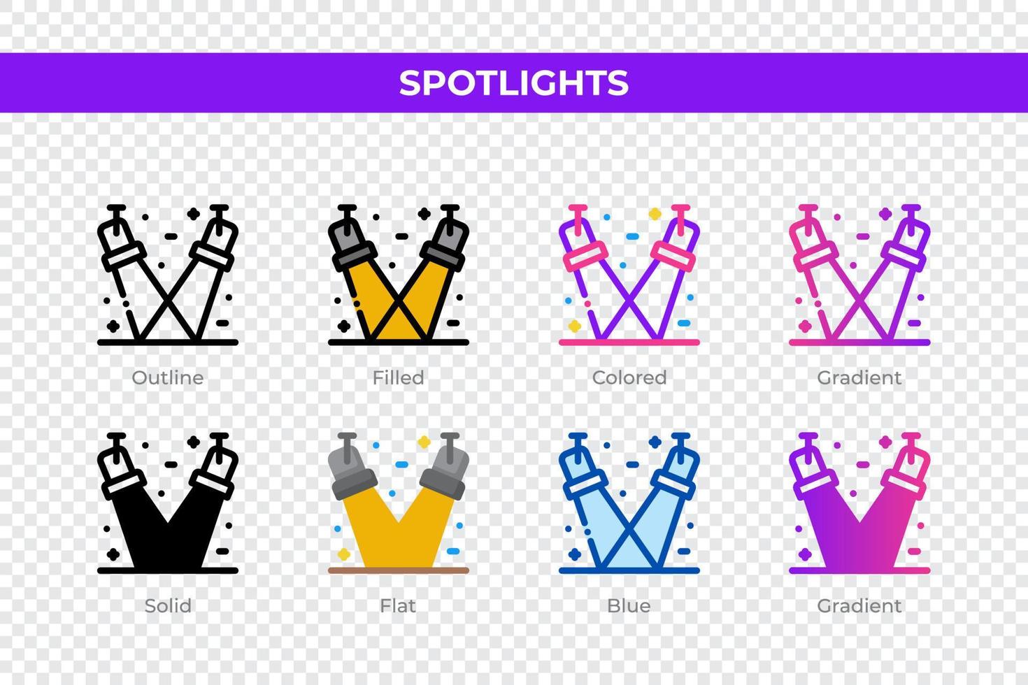 Spotlights icons in different style. Spotlights icons set. Holiday symbol. Different style icons set. Vector illustration