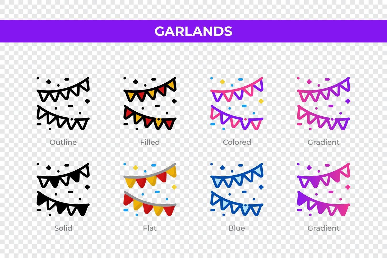 Garlands icons in different style. Garlands icons set. Holiday symbol. Different style icons set. Vector illustration