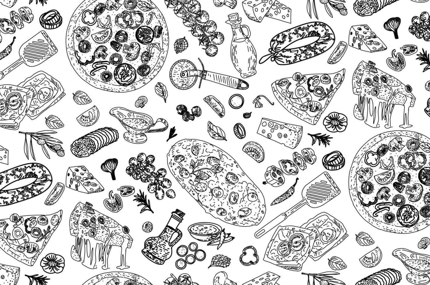 Pizza seamless pattern with various Ingredients. vector