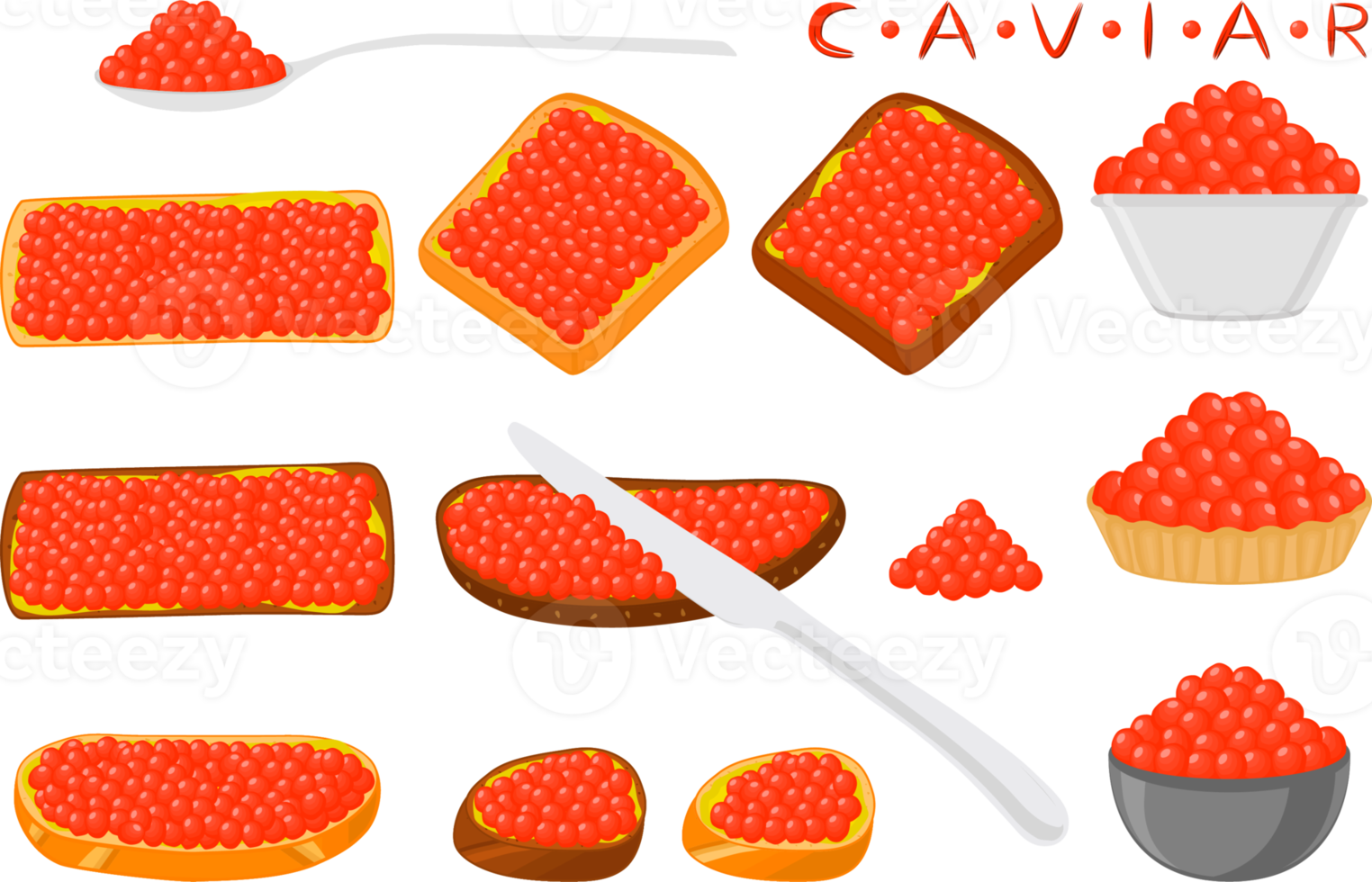 big set various types fish caviar, bread different size png