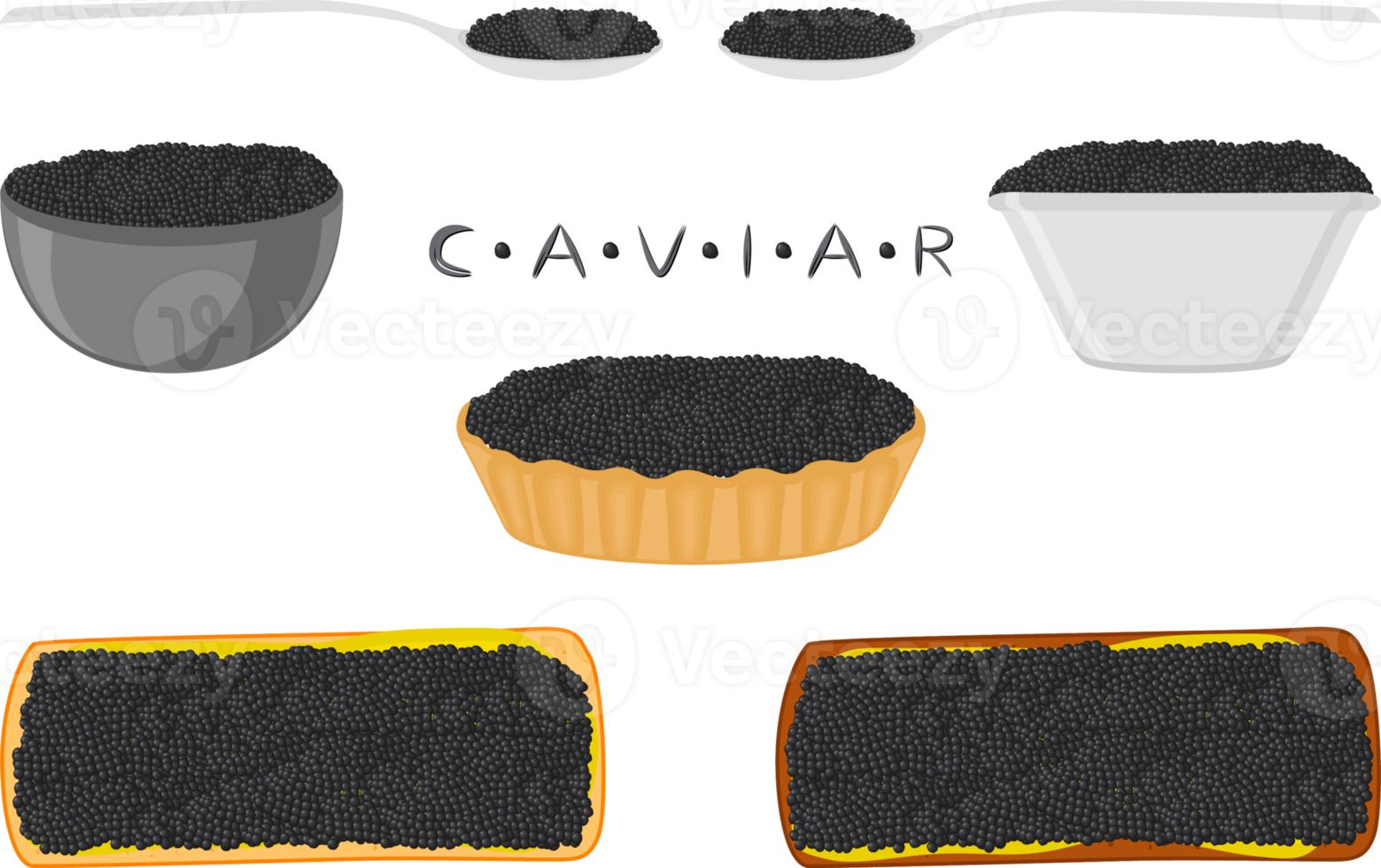 stor uppsättning olika typer fisk kaviar, bröd annorlunda storlek png