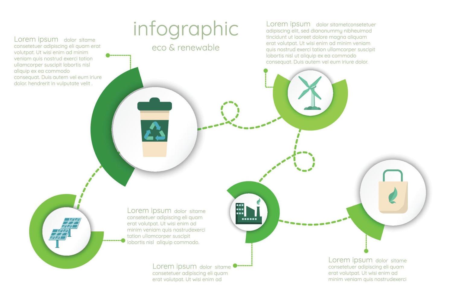 plantilla infográfica de energía renovable para presentación de información sostenible de consumo de energía. vector suare y elementos geométricos. diagramas de flujo de trabajo modernos verdes. reportar plan 5 temas