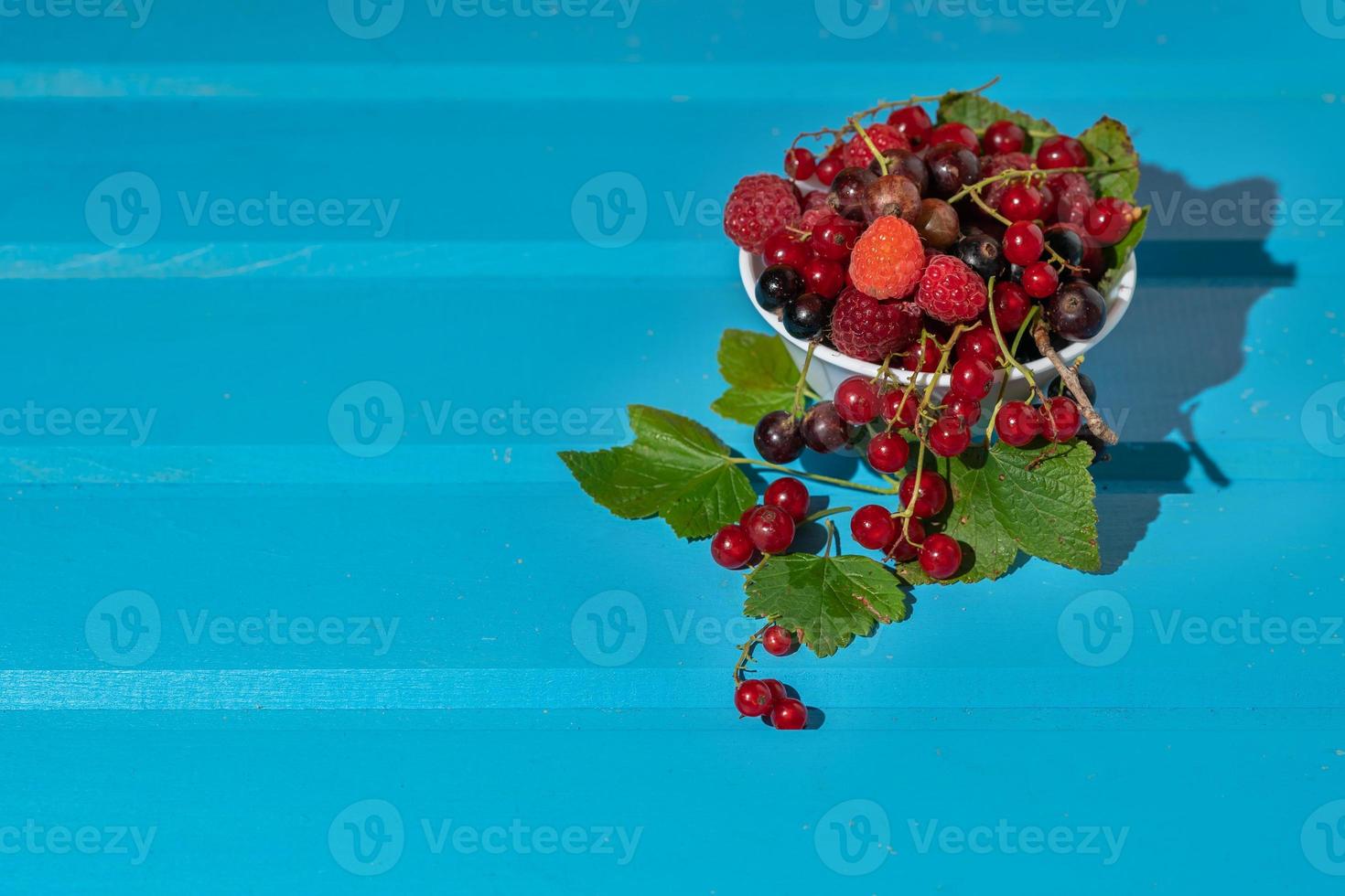 fresh berries in a white plate on a wooden blue background photo