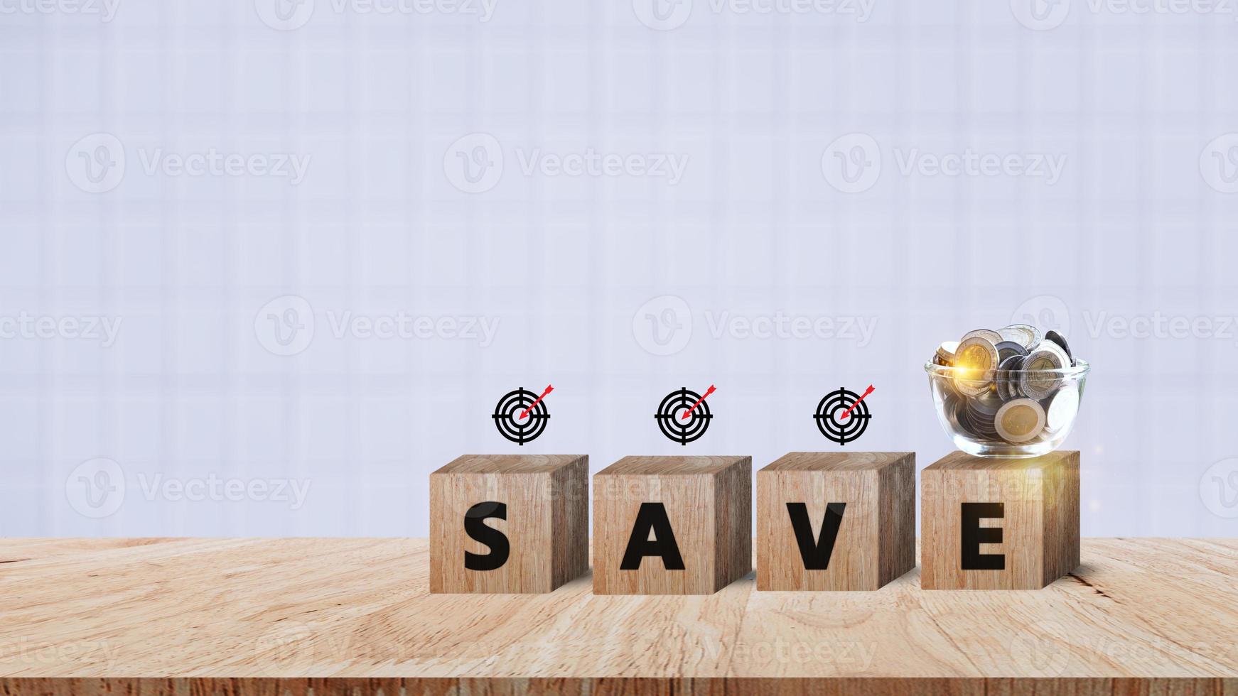 Wooden blocks with words save money Coins for investment loan planned future concept. saving, charity, family finance plan concept, fundraising, superannuation, financial crisis concept photo