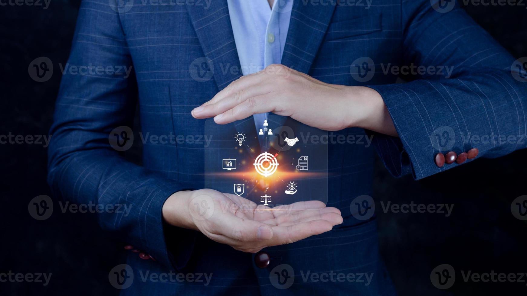 Hand shows the icon virtual screen of Digital target marketing advertising and sales increase business technology concept, online marketing, E-business, Ecommerce, Business online. photo