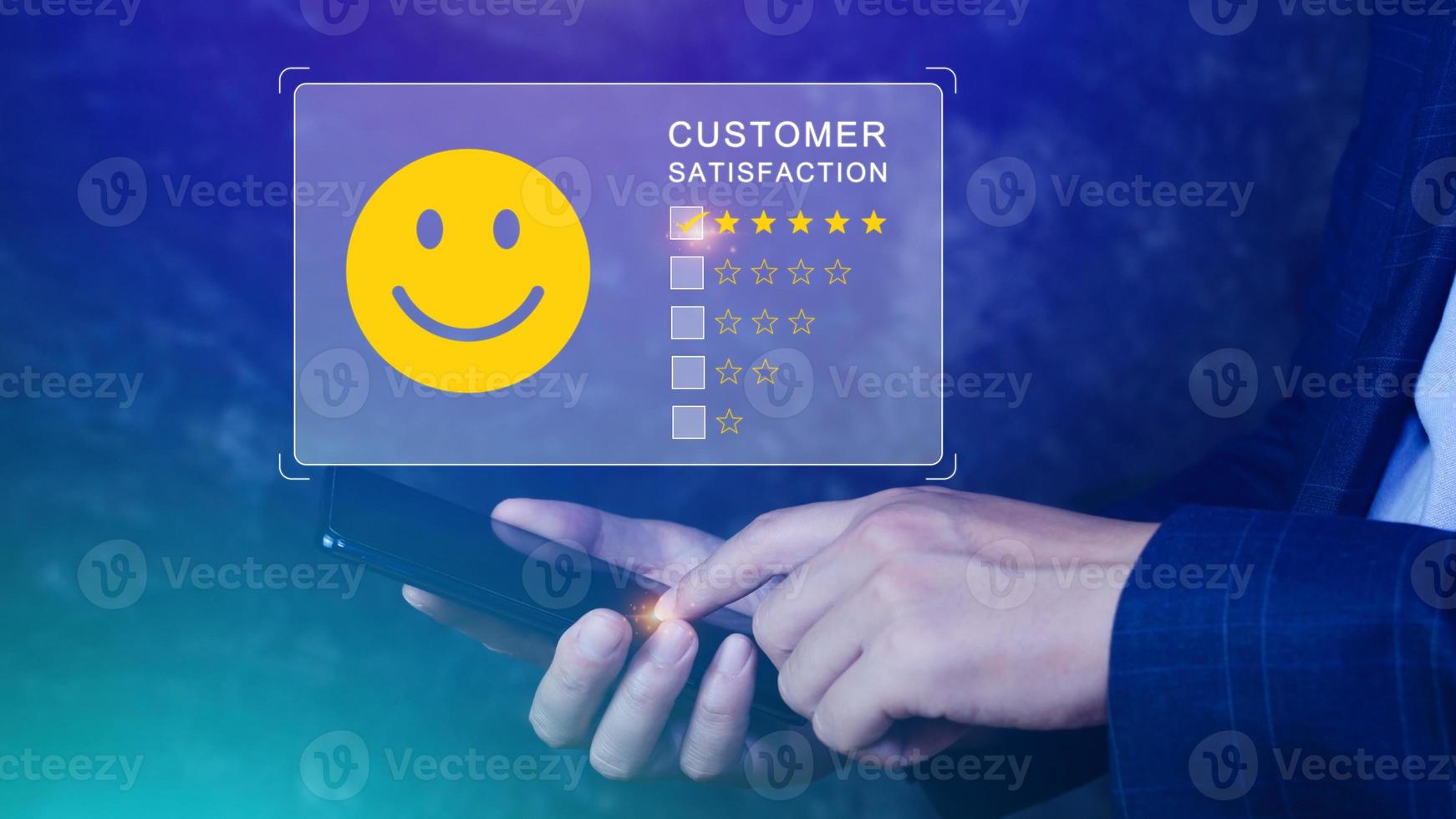 User gives rating to service experience on online application, Customer review satisfaction feedback survey concept, Customer can evaluate quality of service leading to reputation ranking of business. photo