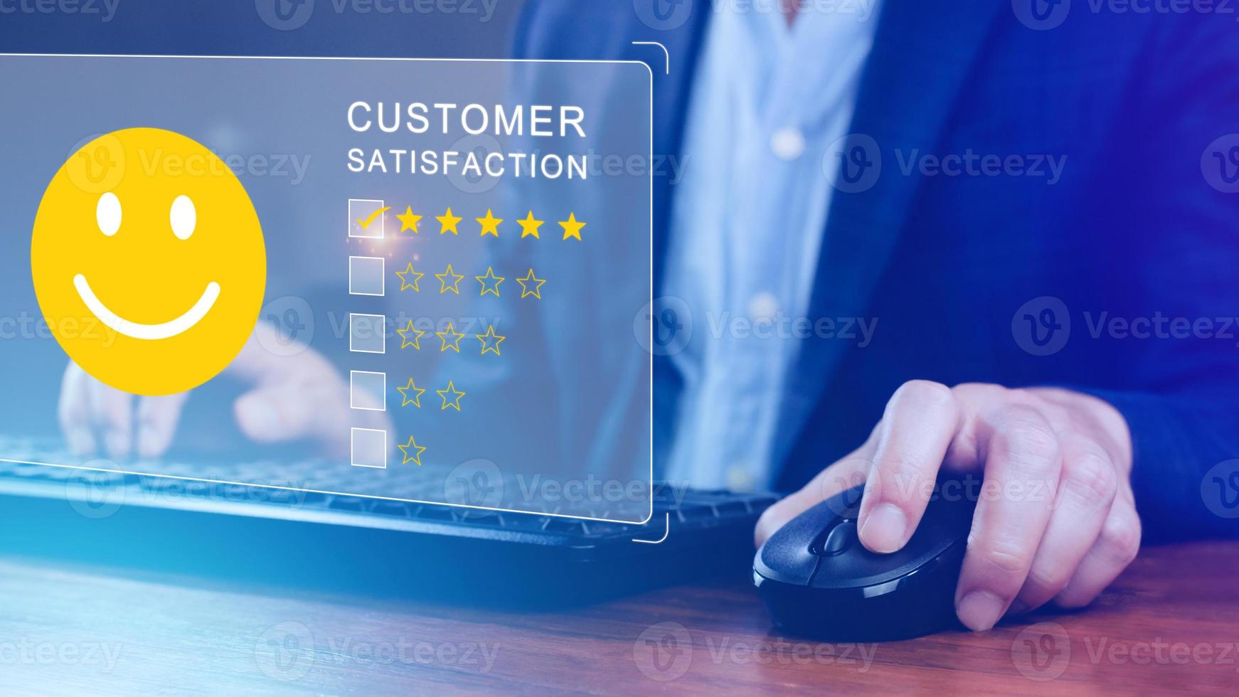 User gives rating to service experience on online application, Customer review satisfaction feedback survey concept, Customer can evaluate quality of service leading to reputation ranking of business. photo