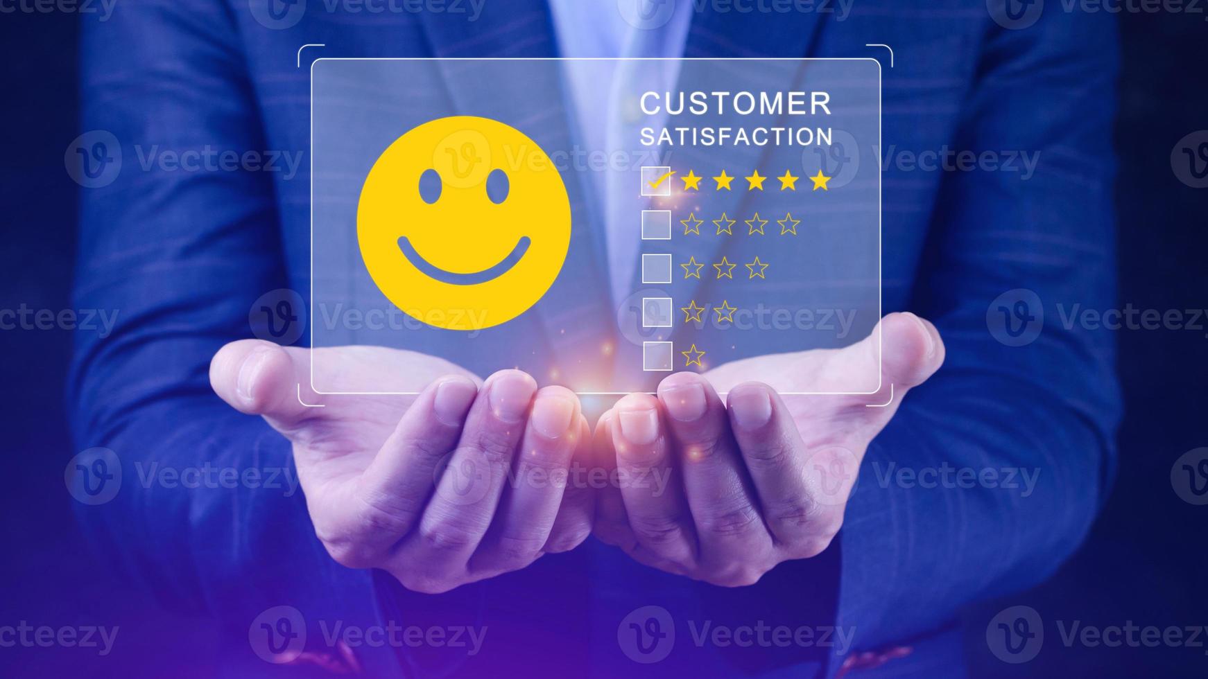 User gives rating to service experience on online application, Customer review satisfaction feedback survey concept, Customer can evaluate quality of service leading to reputation ranking of business. photo