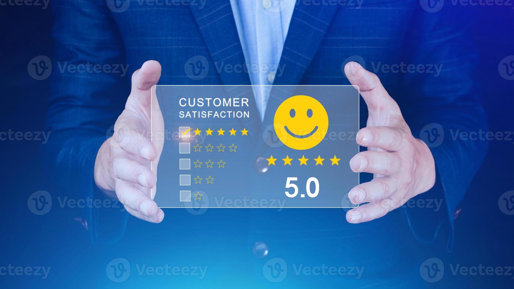 User gives rating to service experience on online application, Customer review satisfaction feedback survey concept, Customer can evaluate quality of service leading to reputation ranking of business. photo