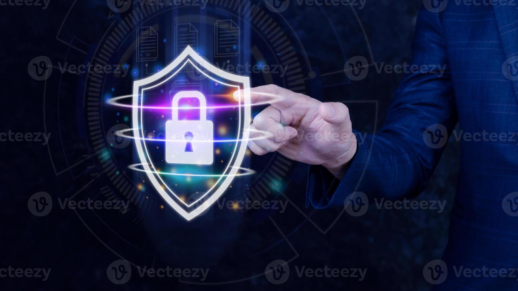 Computer network protection, secure and safe your data concept, businessman holding shield protection icon, Security shield Lock Security Businessman Protect Concept photo