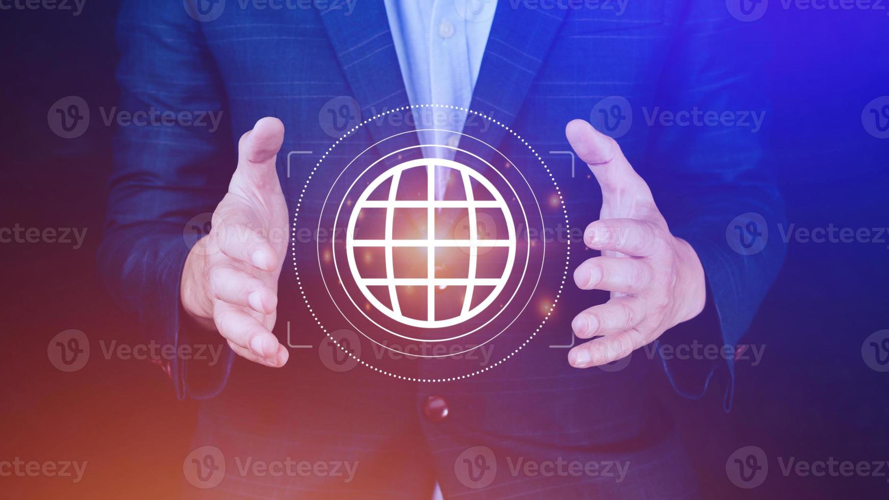 Businessman holding Global network connection, Big data analytics and business intelligence concept, World map point and line composition concept of global business, Digital link tech photo
