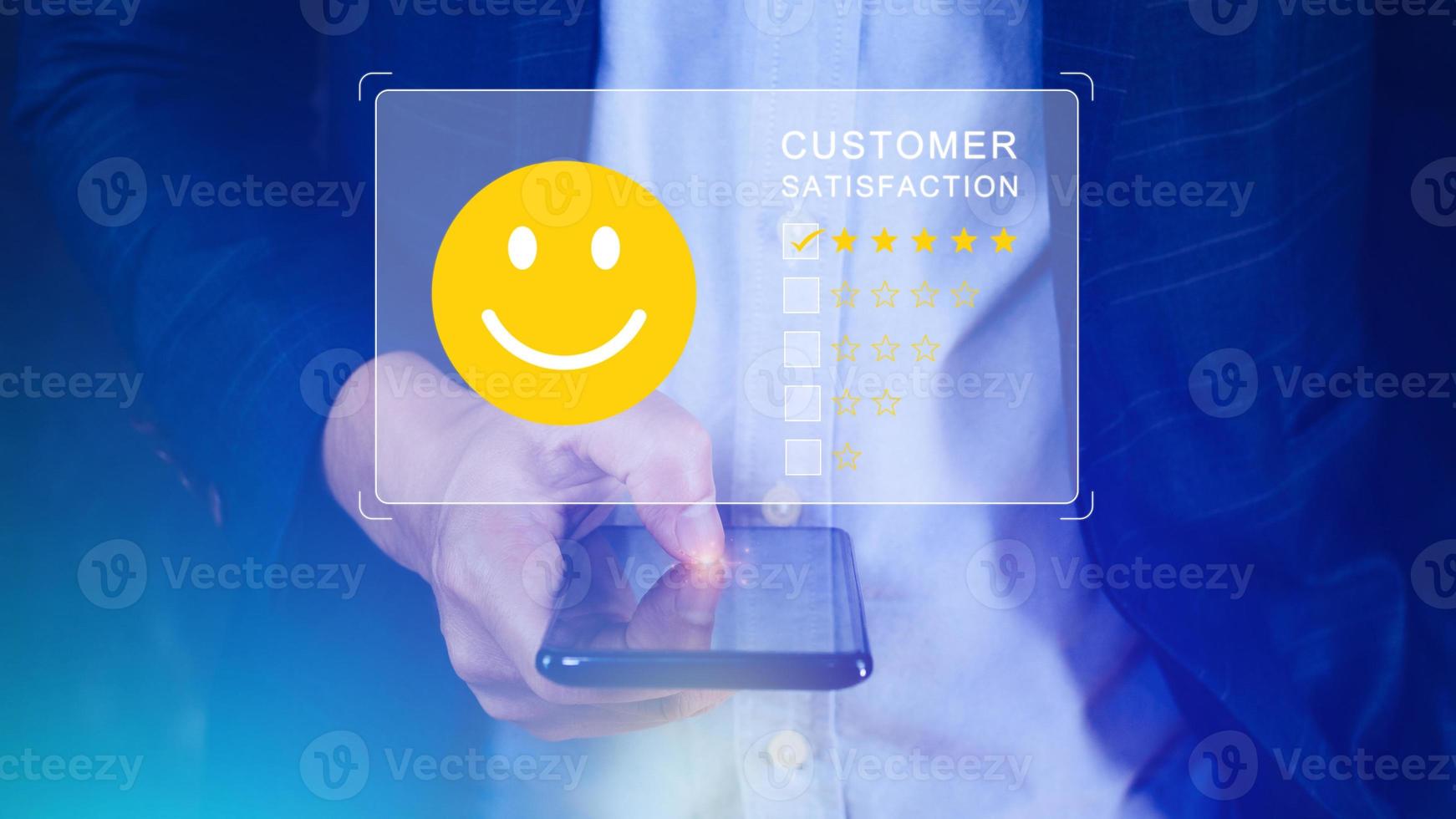 User gives rating to service experience on online application, Customer review satisfaction feedback survey concept, Customer can evaluate quality of service leading to reputation ranking of business. photo