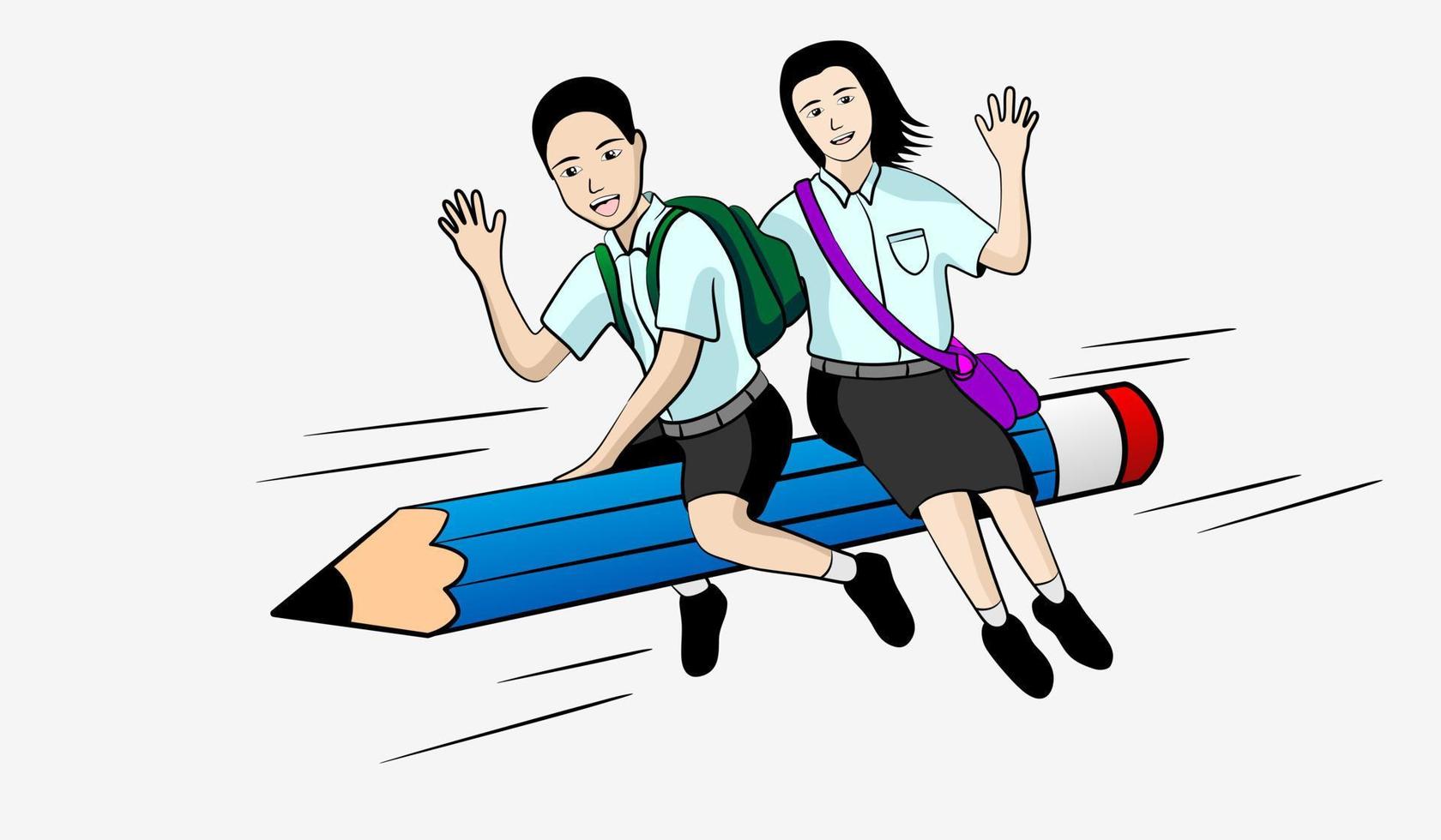 vector of boy and girl or student and blue pencil in cartoon shape. illustration of people and flying pencils.