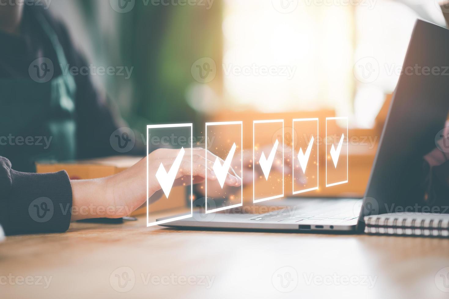 operator makes mark on the survey topic ,In virtual form check sheet, checklist ideas, checkbox to conduct opinion and quality surveys or satisfaction, Connect and work with modern wireless technology photo