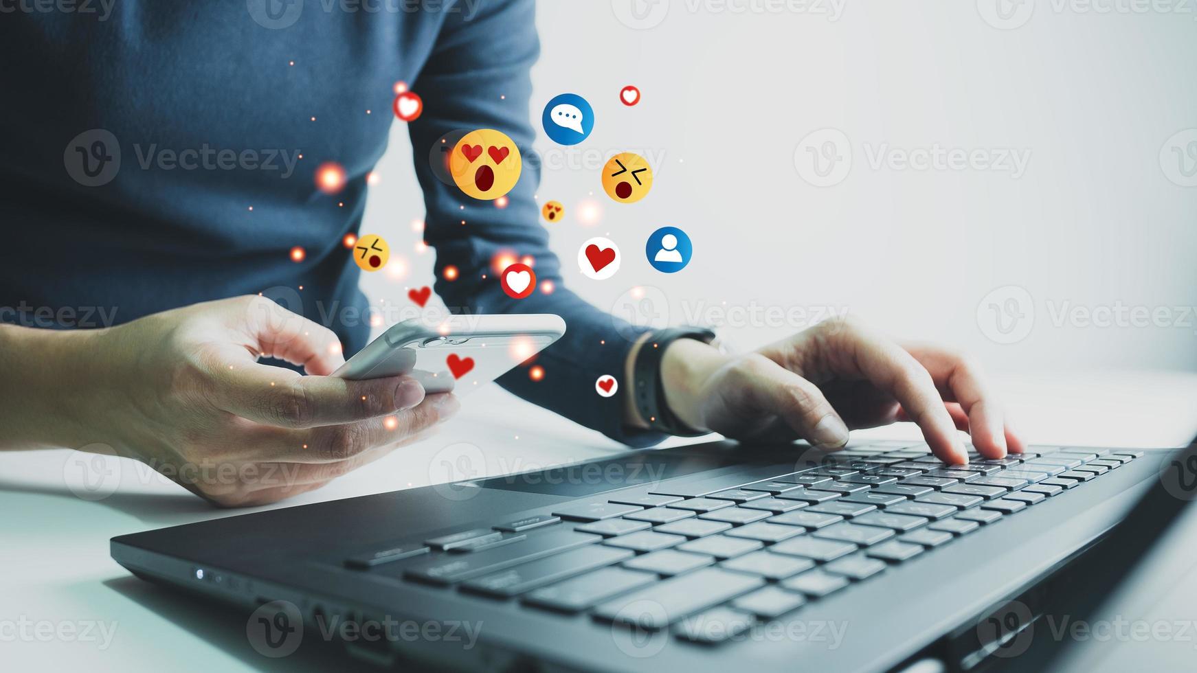 Concept of using digital media, technology, social media online surfing, woman's hand using smartphone to use the internet, work from home for social distancing. photo