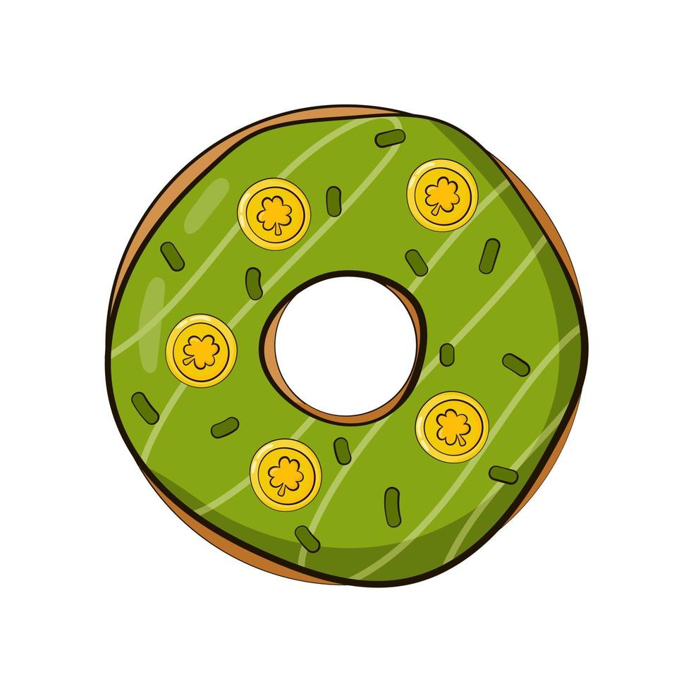 Donut for St Patricks Day in cartoon style with green icing and  gold coins vector