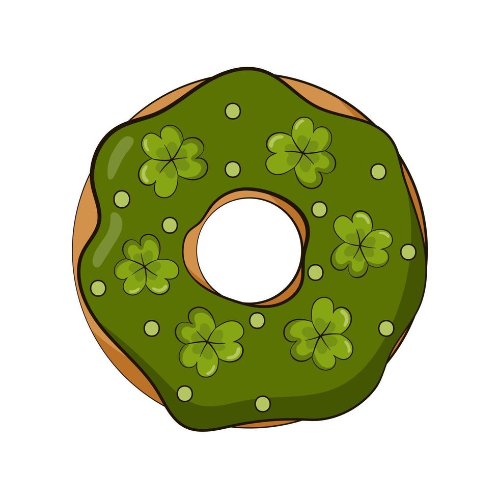 Donut for St Patricks Day in cartoon style with green icing shamrocks vector