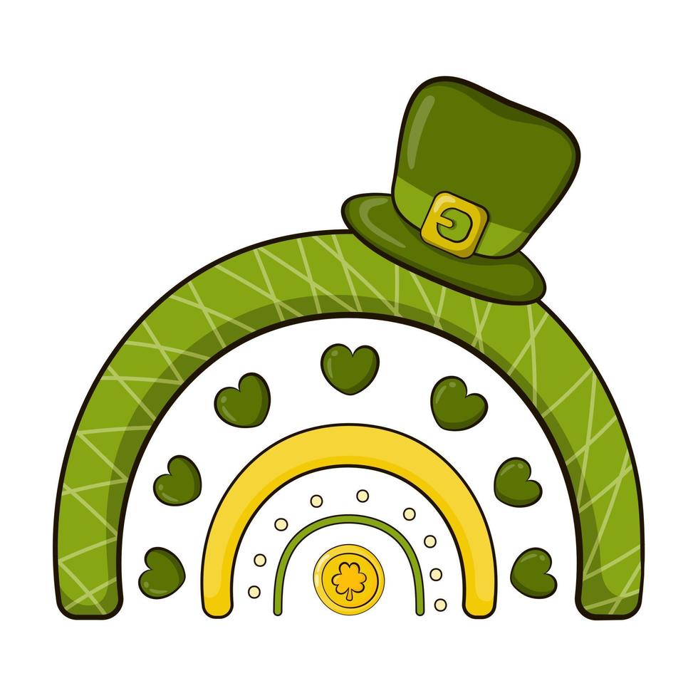 Cute boho style rainbows for St. Patricks Day with hearts and leprechaun hat, irish sign of good luck vector