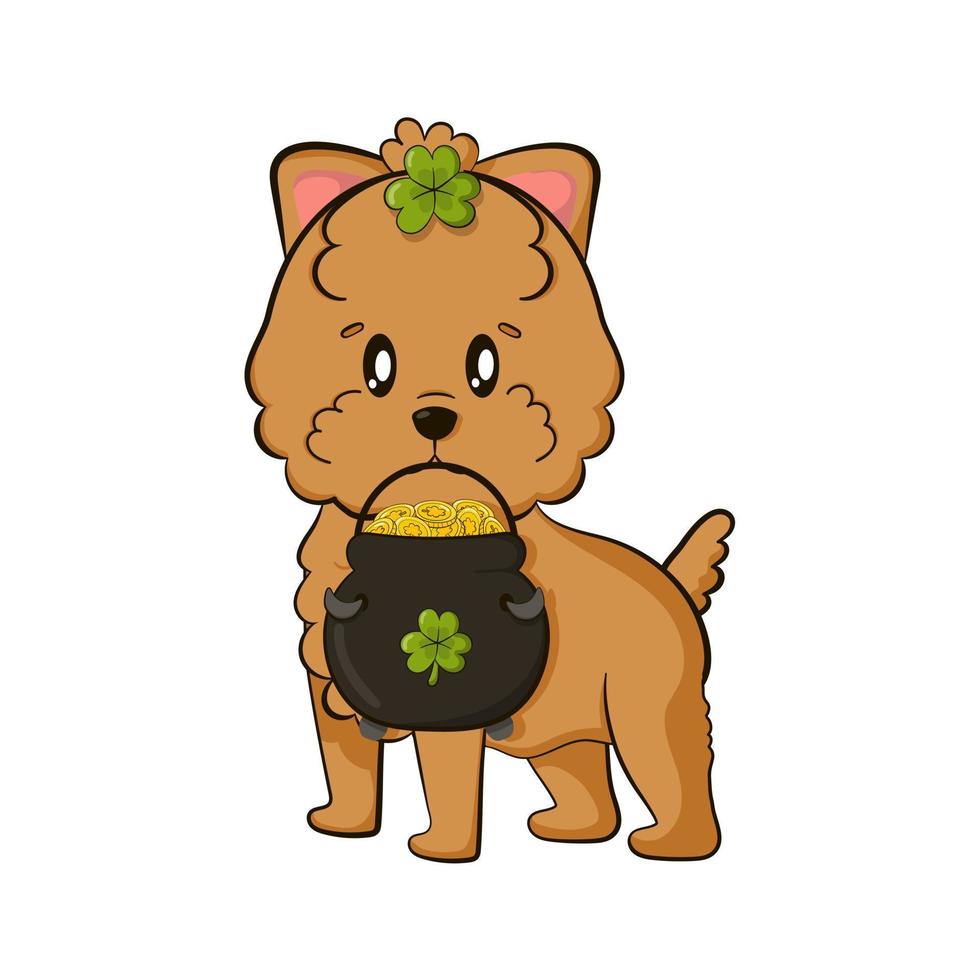 Cute terier dog holding cauldron with lucky coins for St Patricks Day vector