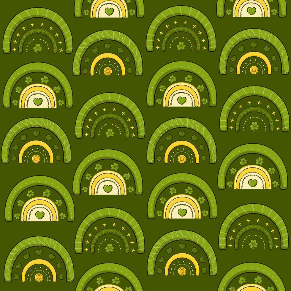 St Patricks Day pattern with green boho style rainbows for greeting card design vector