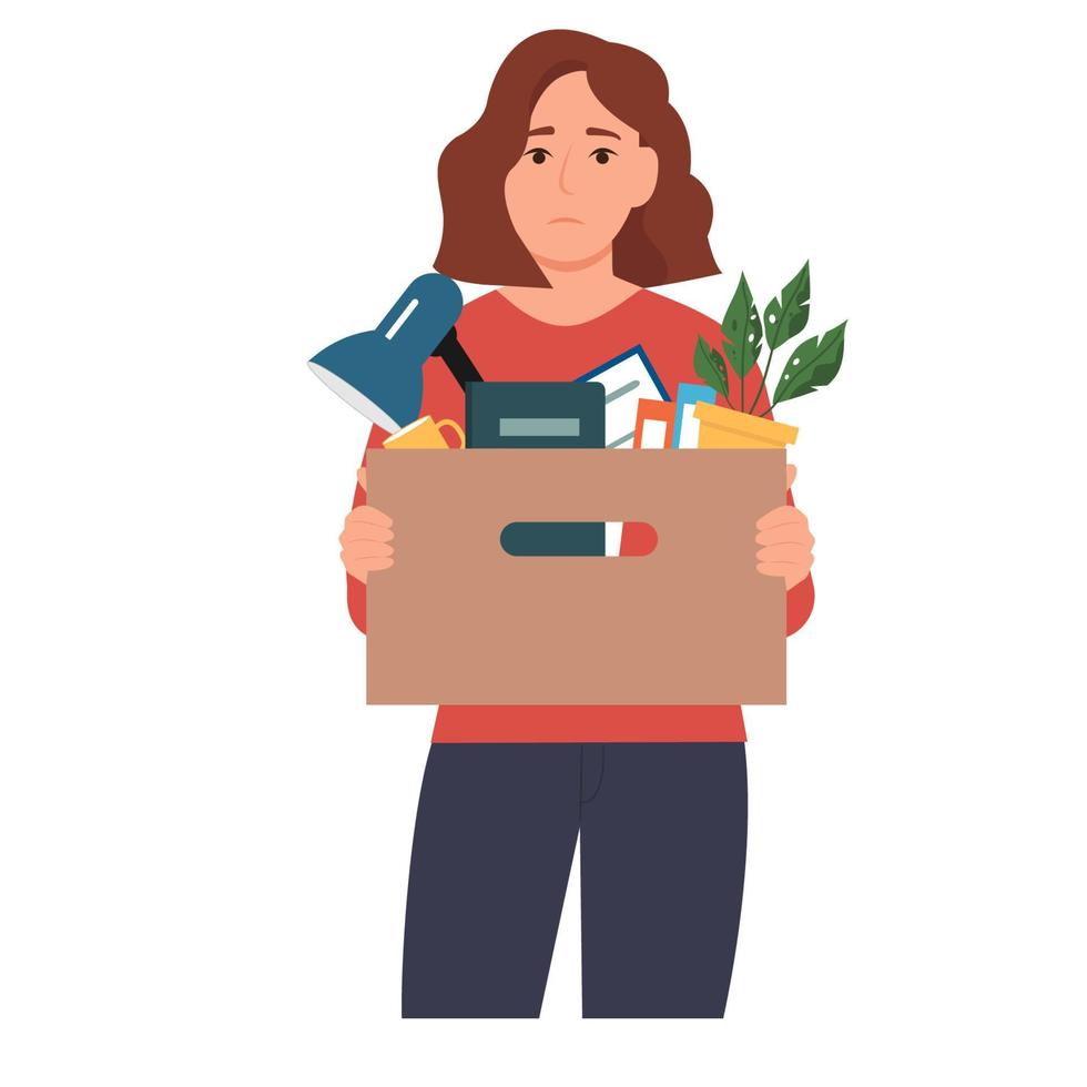 Depressed dismissed business woman holding a box. Unemployment, crisis, jobless and employee job reduction concept. Vector illustration