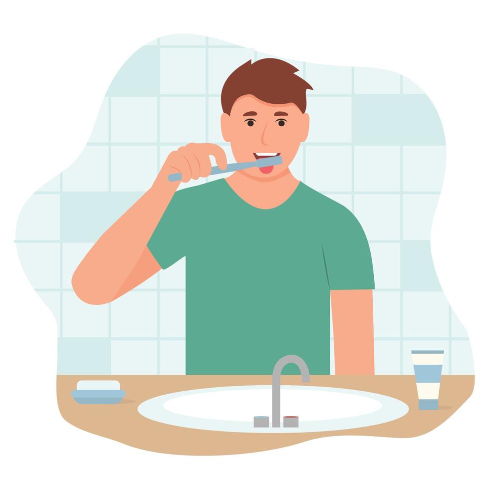 hombre cepillos lengua con un cepillo de dientes. sonriente boca con lengua y sano dientes. oral higiene y dental procedimientos concepto. linda vector ilustración aislado en blanco antecedentes