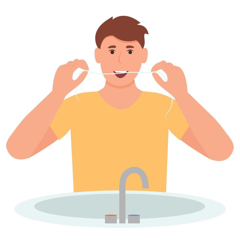 hombre cepillos dientes con dental seda floja en baño. sonriente boca con sano dientes. oral higiene y diario rutina concepto. vector ilustración aislado en blanco antecedentes