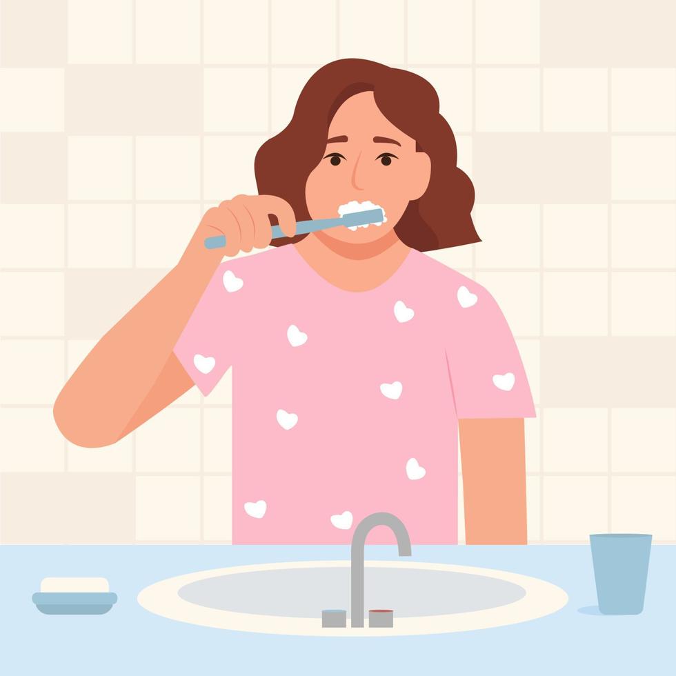 hombre cepillarse los dientes con cepillo de dientes. vector